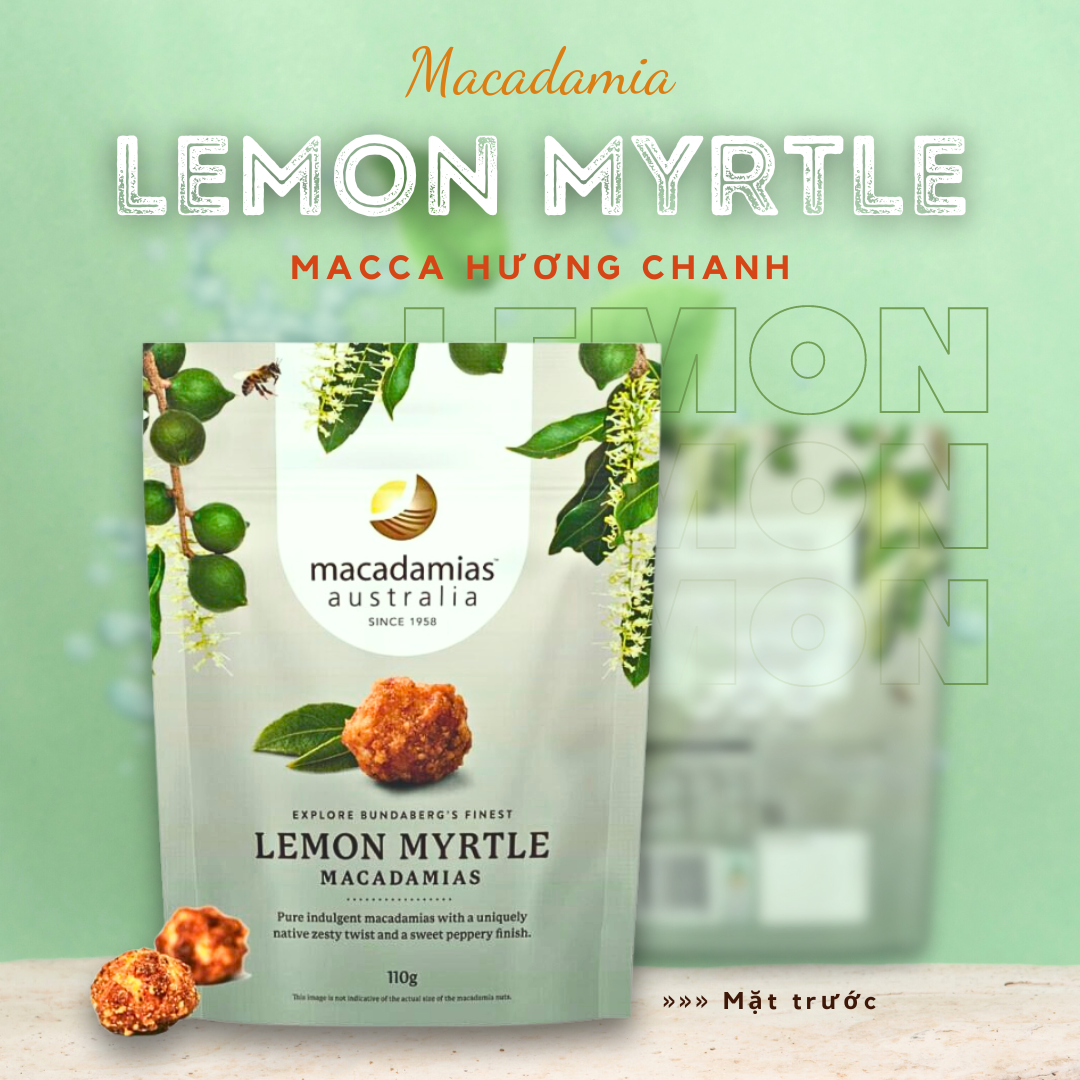 Macca Chanh sim | Hương vị độc bản từ Úc | 110gr | Nhập khẩu chính hãng | Mặt trước bao bì Macca chanh sim | Macca Úc nhập khẩu | Myrtle Roasted Macadamia |Mặt trước bao bì