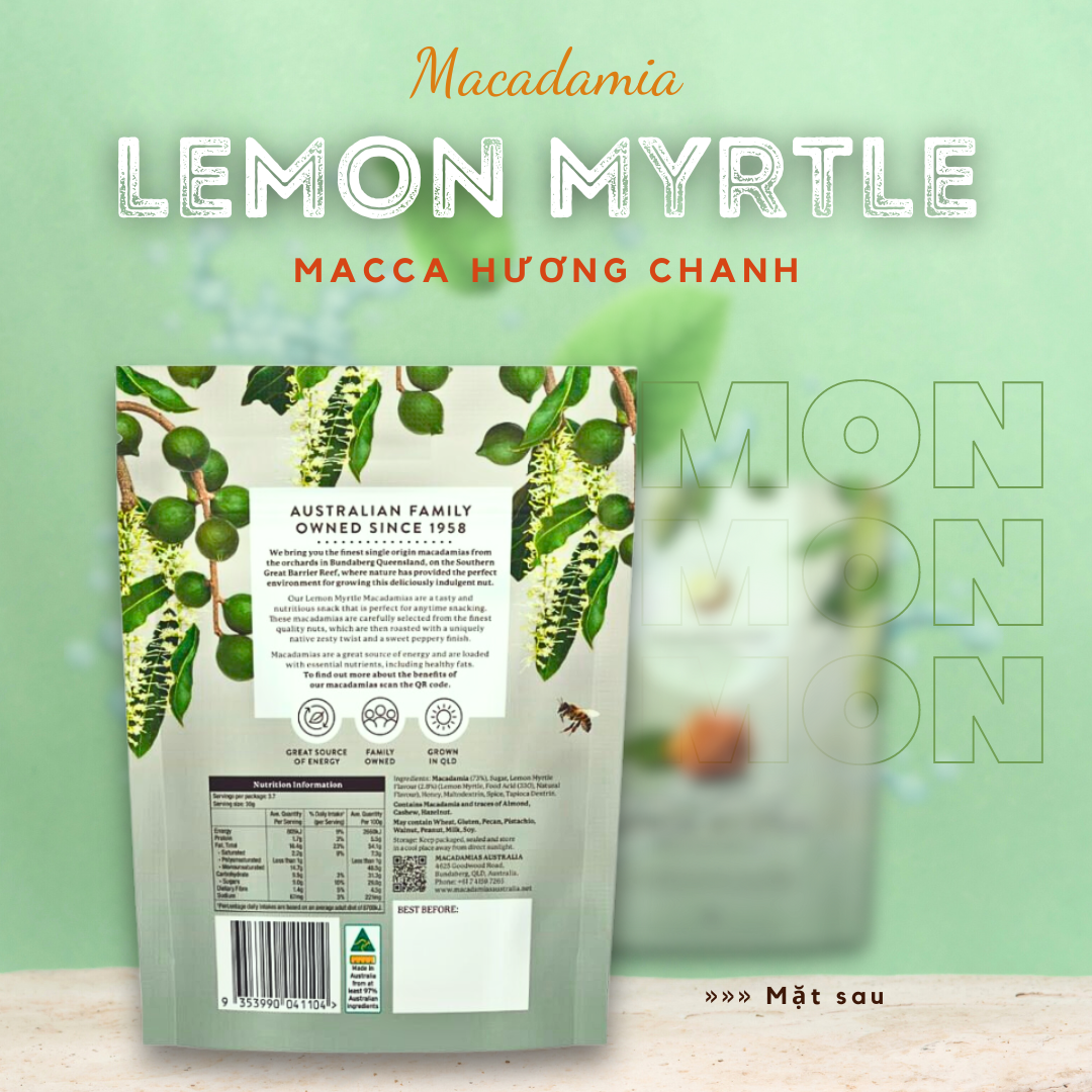 Macca Chanh sim | Hương vị độc bản từ Úc | 110gr | Nhập khẩu chính hãng | Mặt sau bao bì Macca chanh sim | Macca Úc nhập khẩu | Myrtle Roasted Macadamia